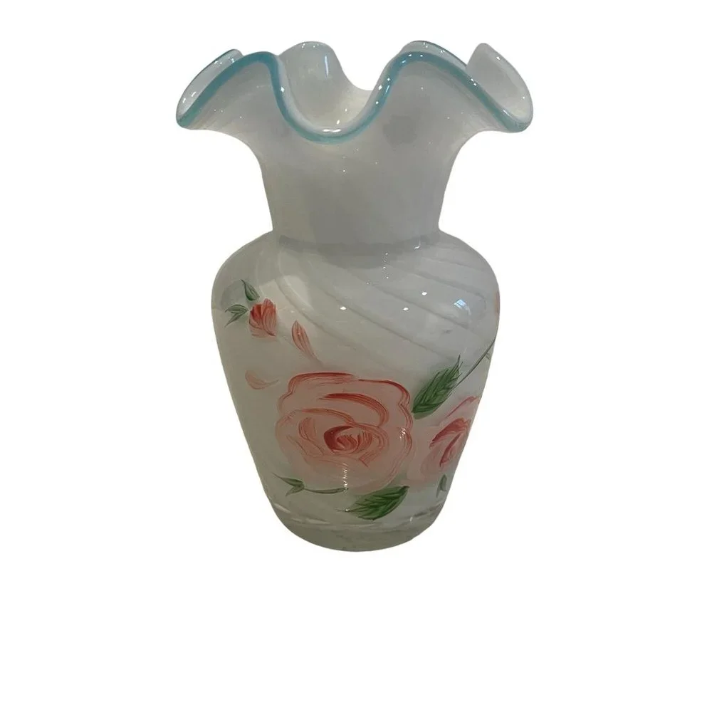 Vintage Fenton Opalescent Rose Pattern Ruffle Swirl Vase White Pink Blue
